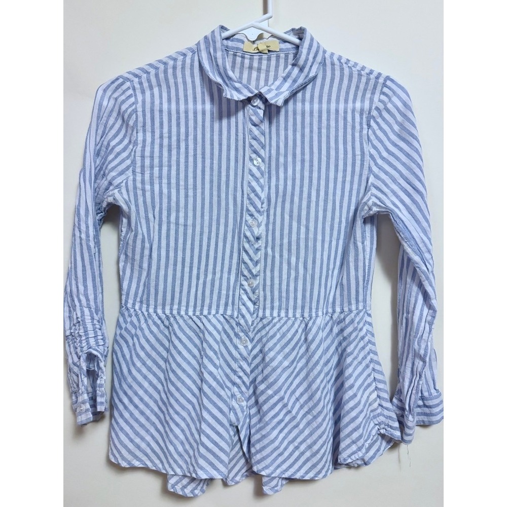 Blue White Striped Button Down Peplum Top XS Long Sleeve Coastal Love Notes